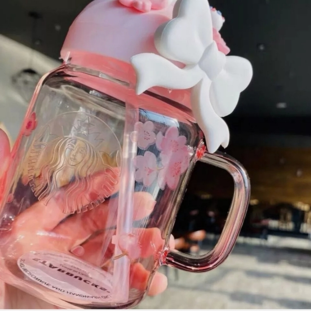 ☆STARBUCKS PINK GLASS SAKURA CAT MUG☆ - Picture 2 of 5